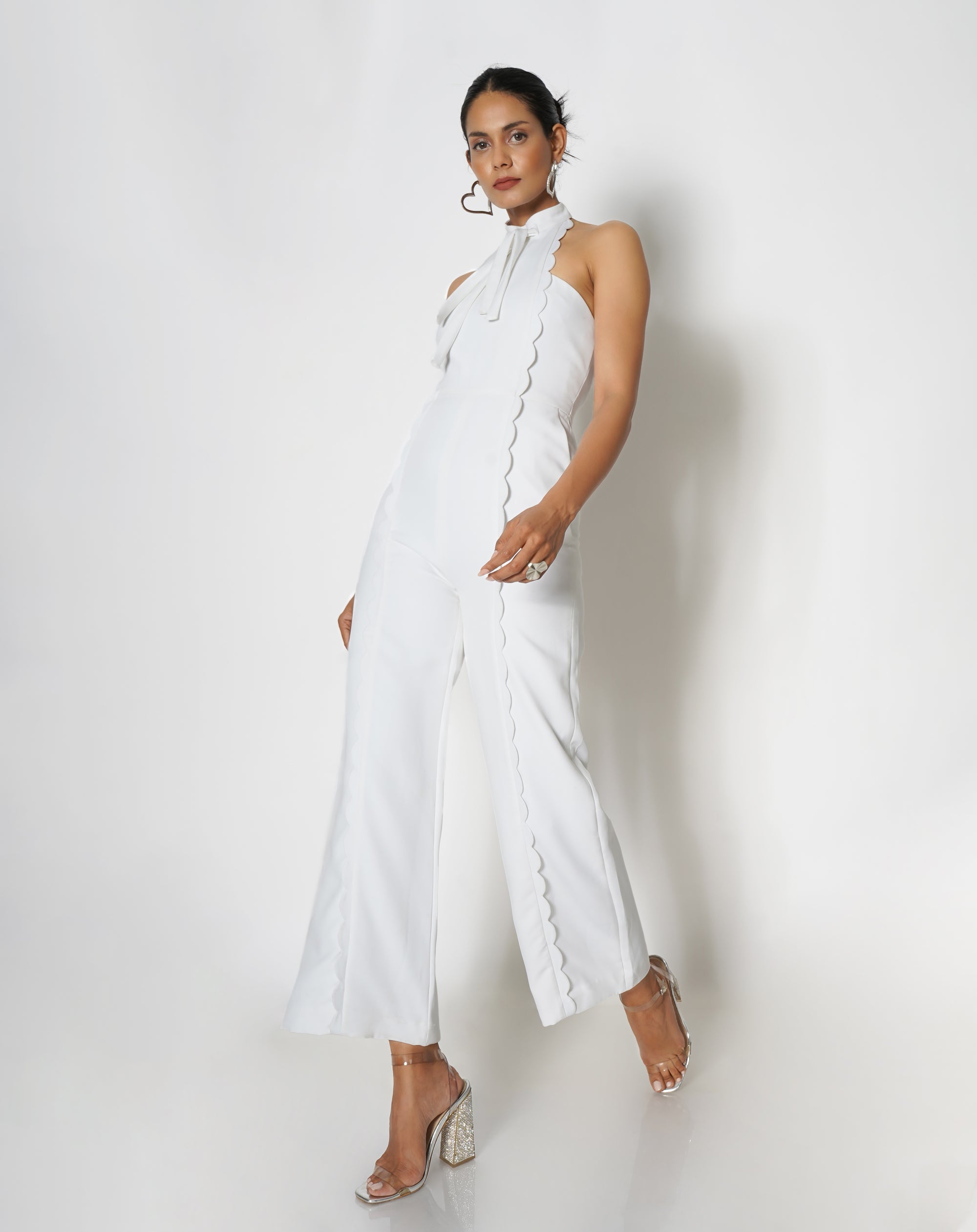 White Halter Neck Wide Leg Jumpsuit