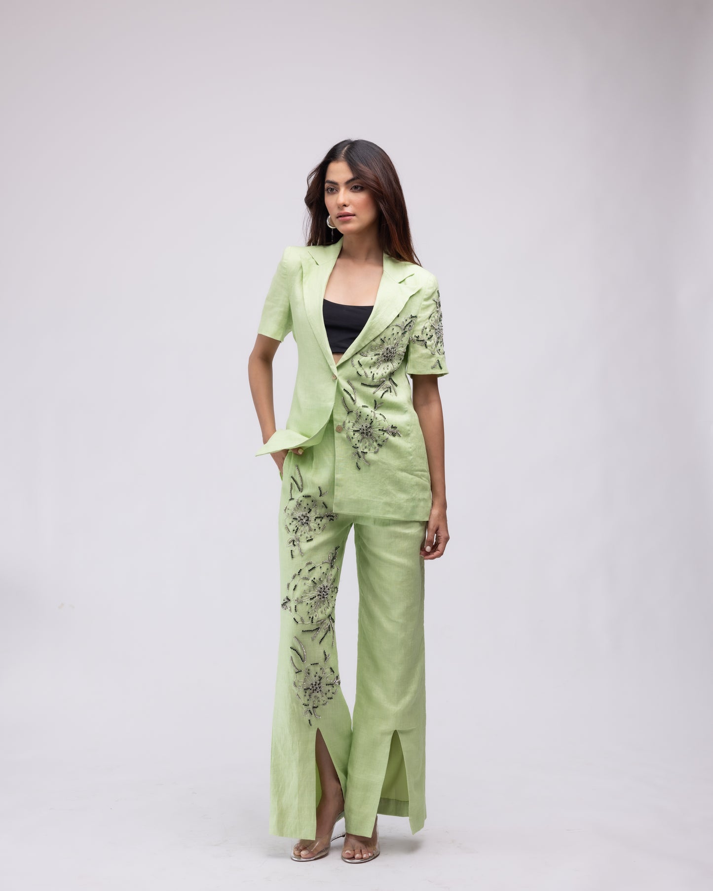 100% high-waisted slit trousers with embellishments