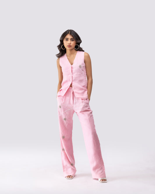 100% linen high-waisted trousers with floral hand-embroidery