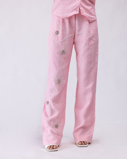 100% linen high-waisted trousers with floral hand-embroidery