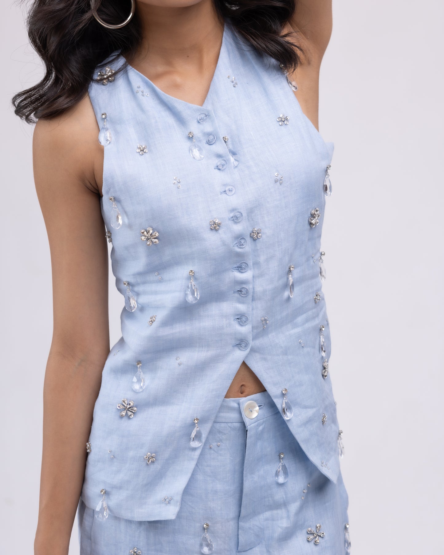 100% linen waistcoat with crystal drop embellishing