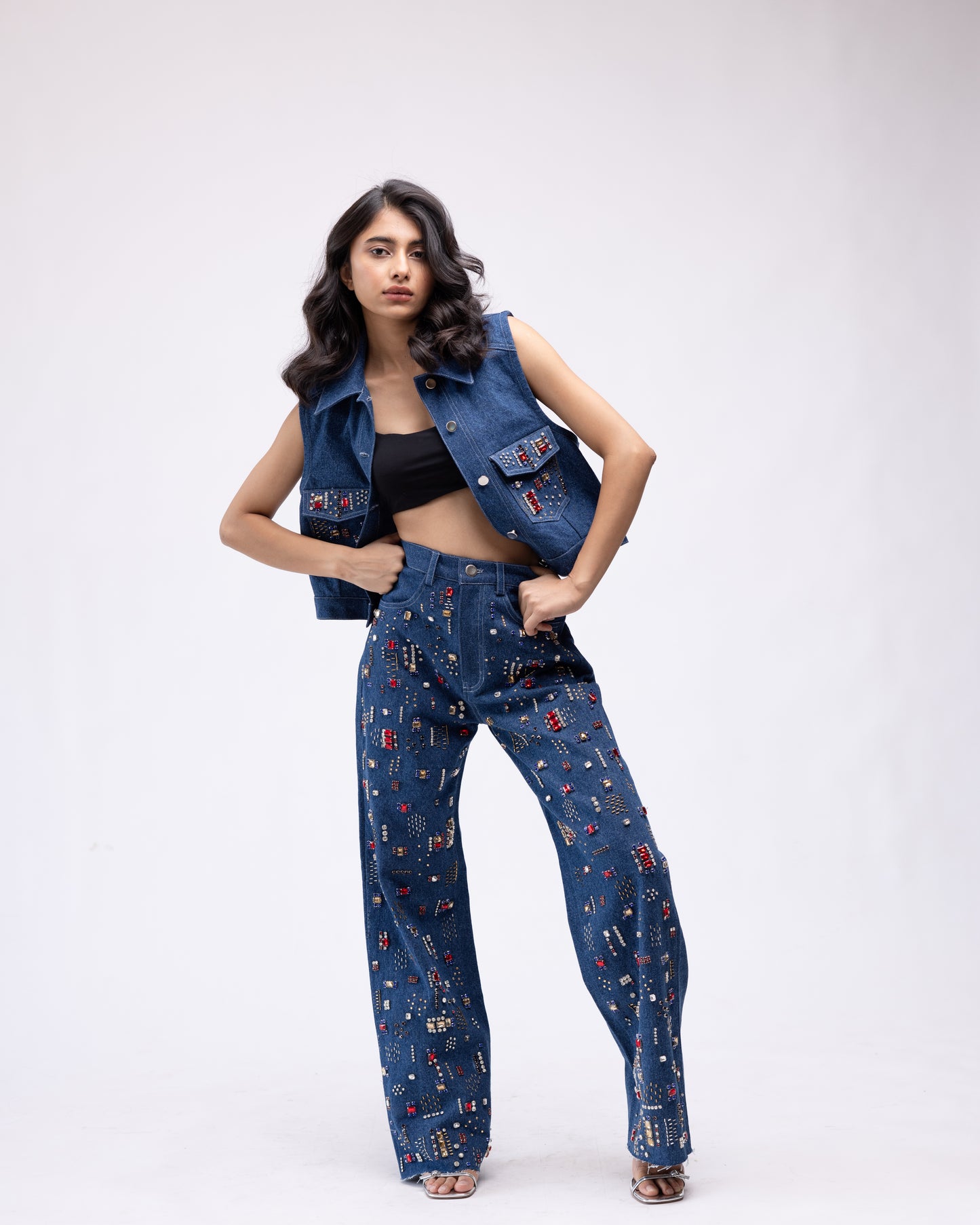 High-waisted multi-embellished denim jeans