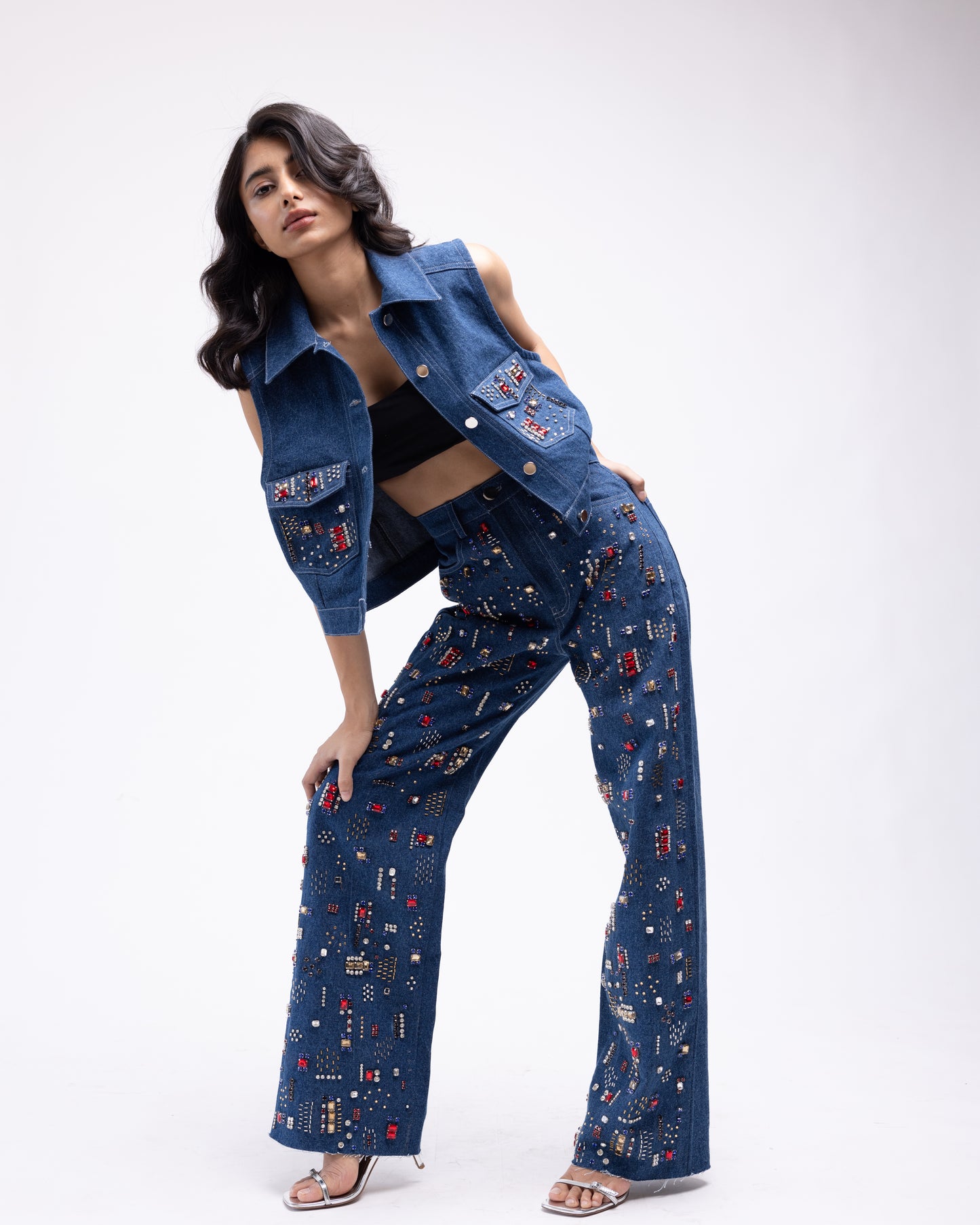 High-waisted multi-embellished denim jeans