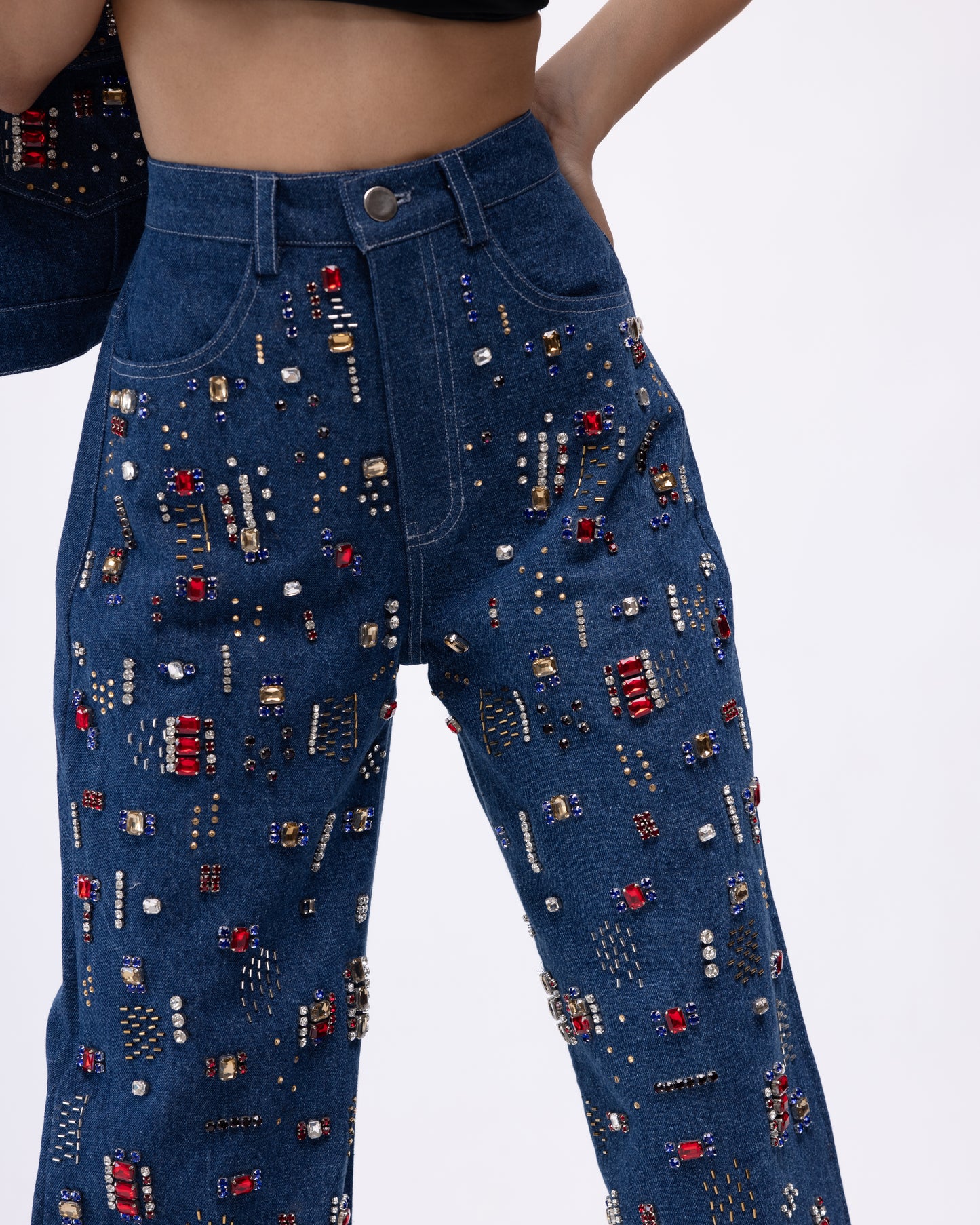 High-waisted multi-embellished denim jeans