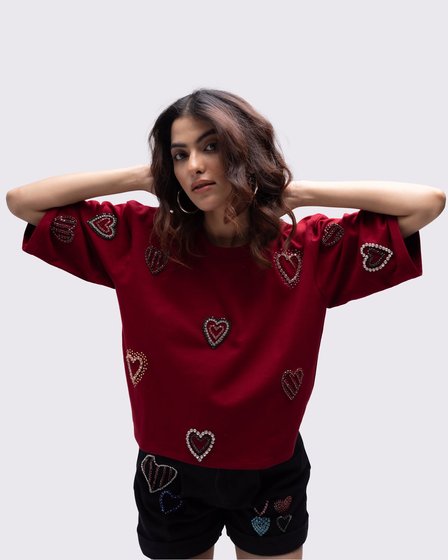 T-shirt with multi-colour embellished hearts