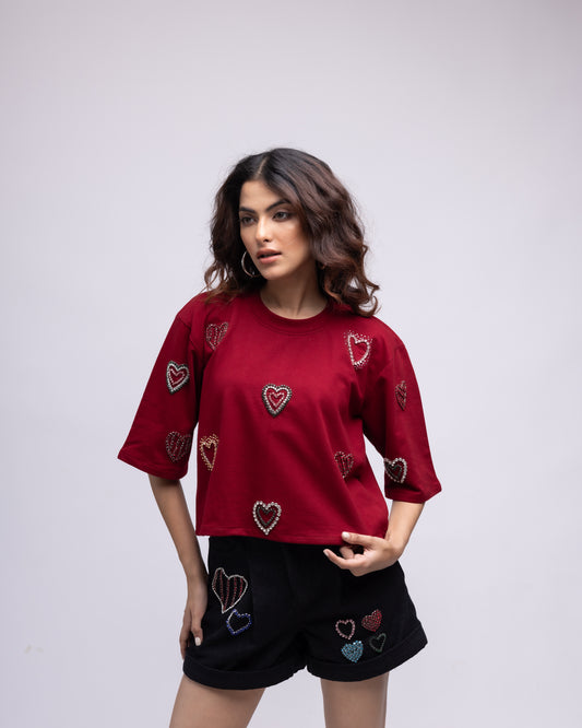 T-shirt with multi-colour embellished hearts