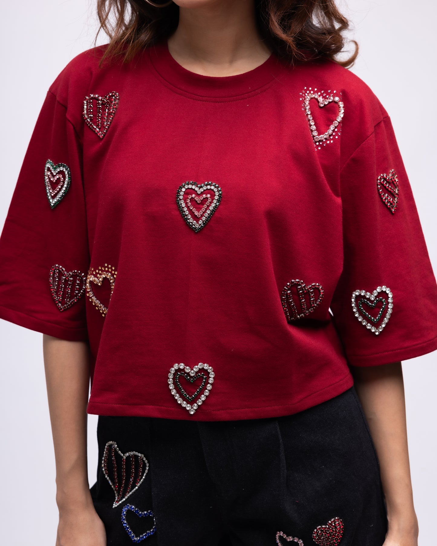 T-shirt with multi-colour embellished hearts