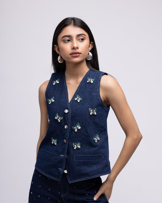 Sleeveless denim waistcoat with embellished butterflies