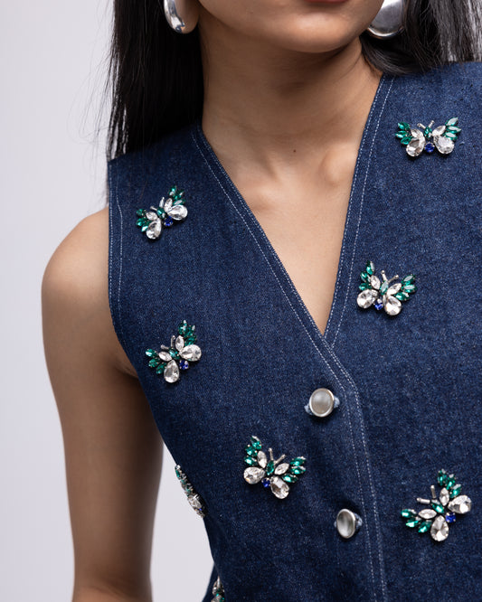 Sleeveless denim waistcoat with embellished butterflies