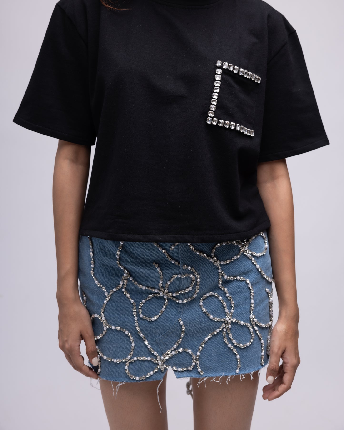 Backless t-shirt with rhinestone rope detail