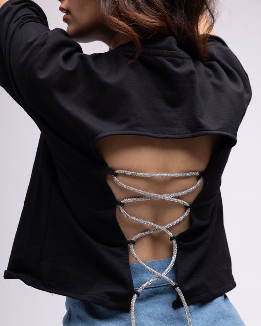 Backless t-shirt with rhinestone rope detail