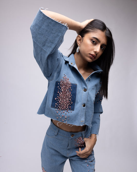 Cropped denim shirt with multi-colour embellishments