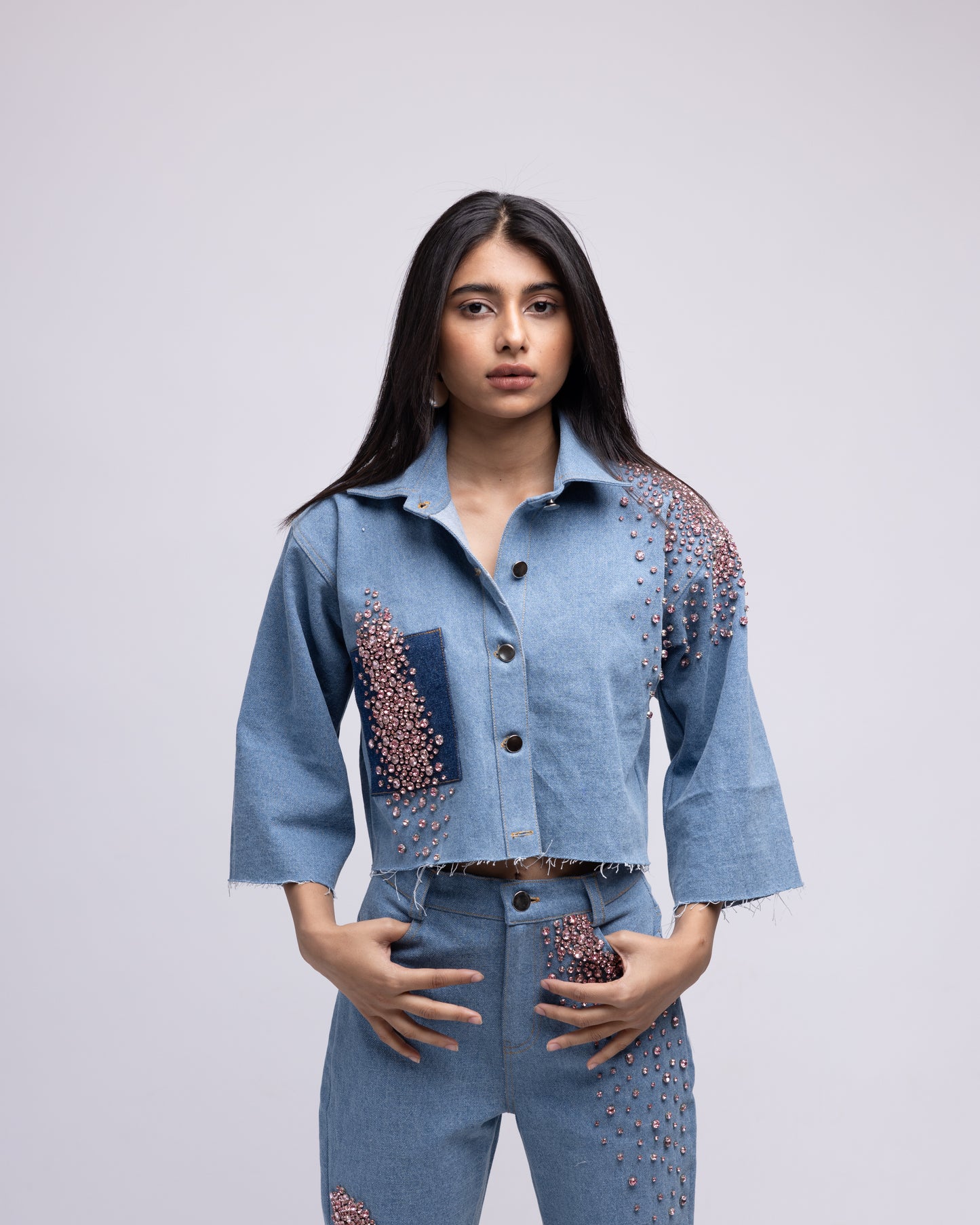 Cropped denim shirt with multi-colour embellishments