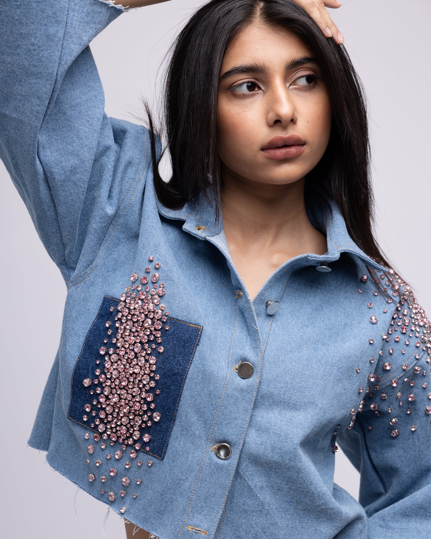 Cropped denim shirt with multi-colour embellishments