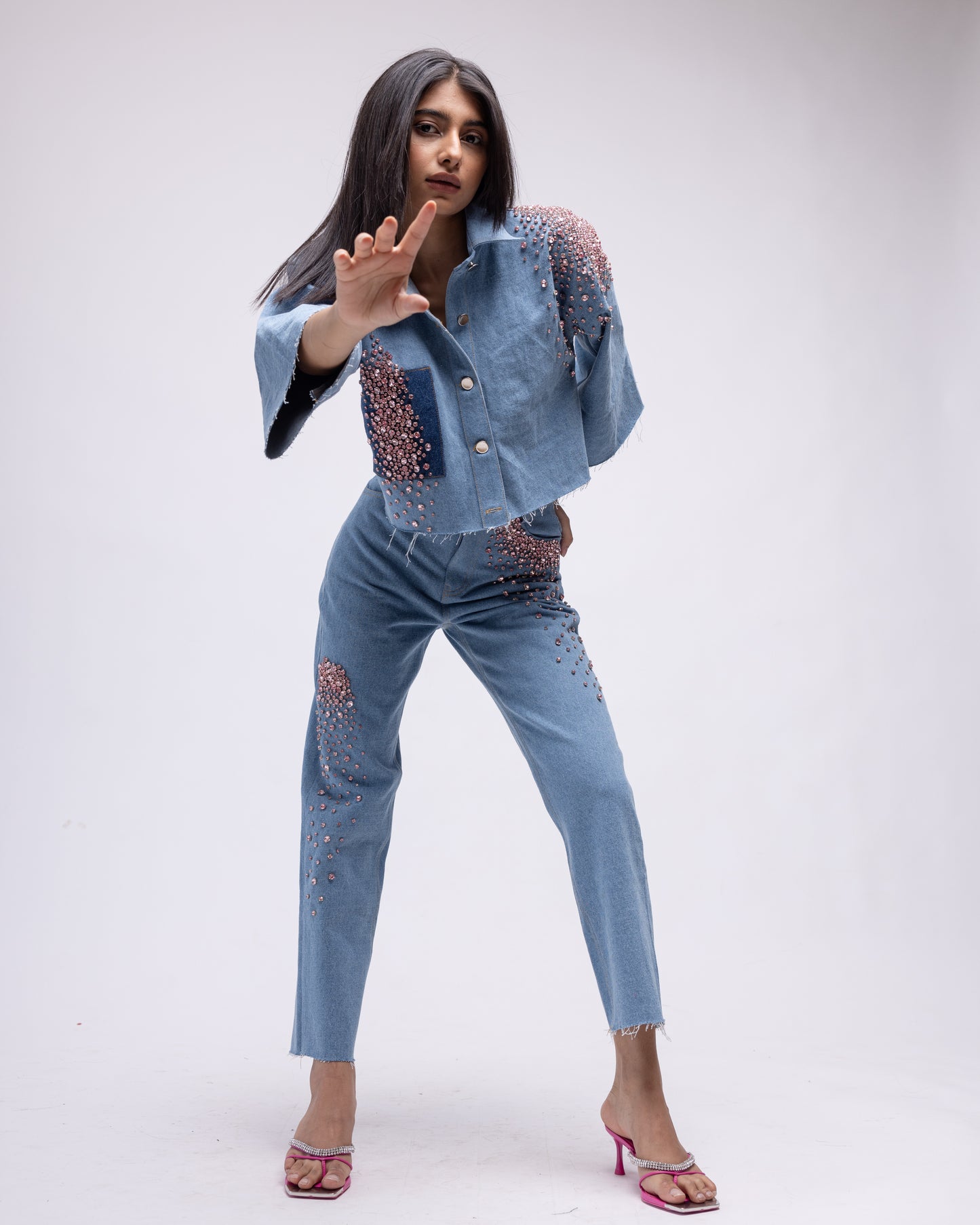 Cropped denim shirt with multi-colour embellishments