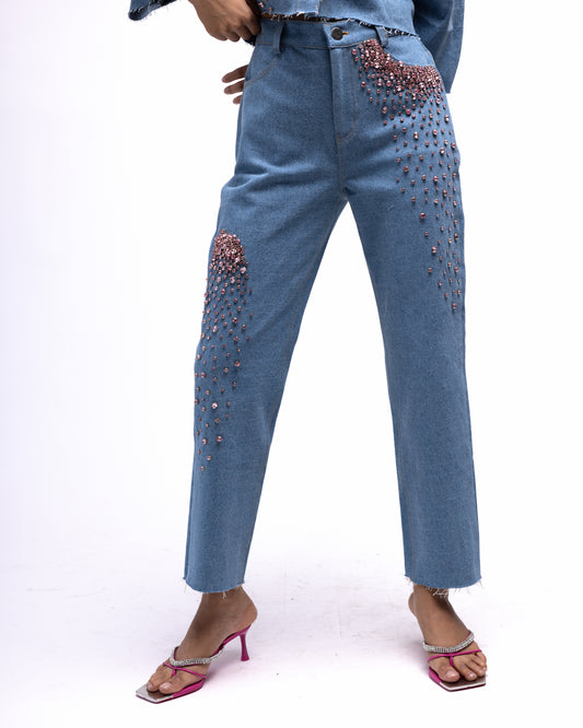 High-waisted ankle-length jeans with multi-colour embellishments