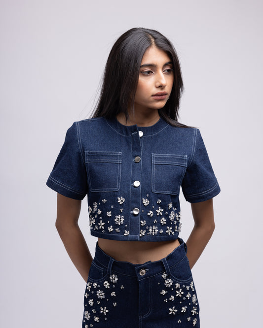 Half-sleeved denim embellished top