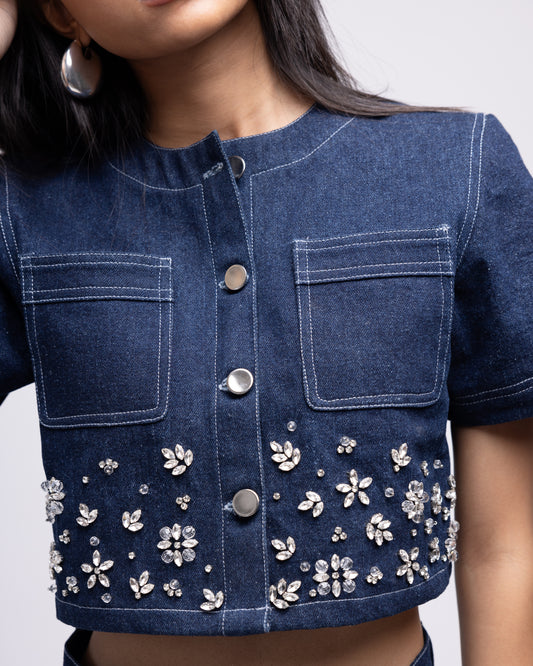 Half-sleeved denim embellished top