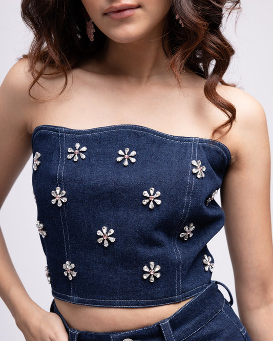 Off-shoulder scalloped denim top with embellishments