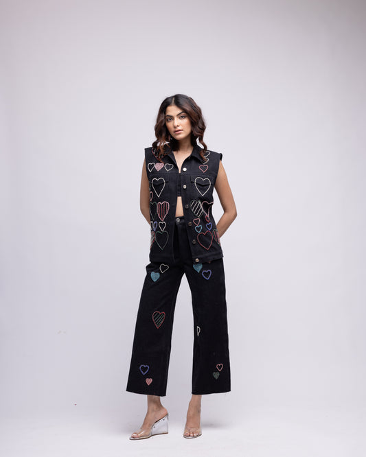 High-waisted jeans with multi-colour embellished hearts