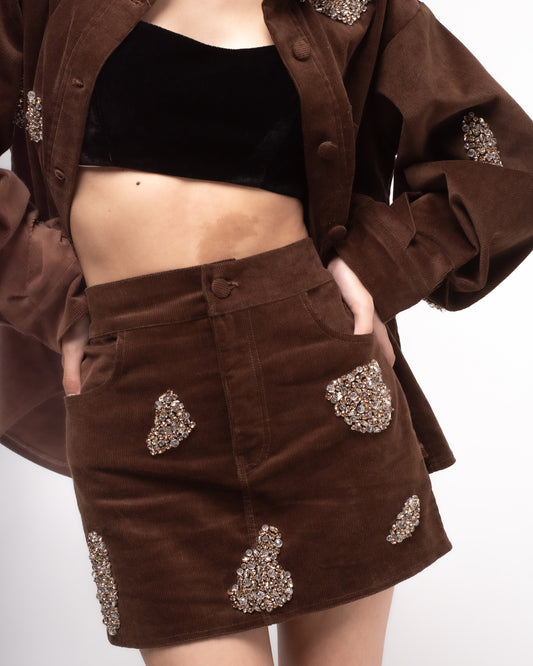 High-waisted embellished corduroy mini skirt