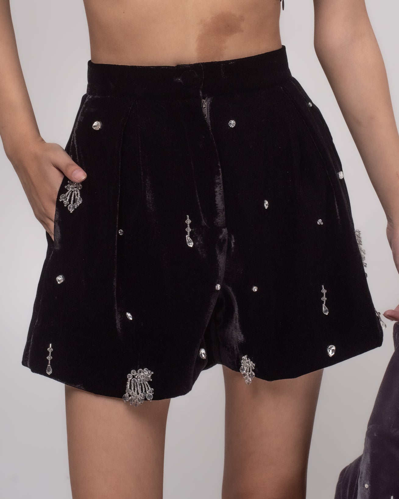 High-waisted silk velvet embellished shorts