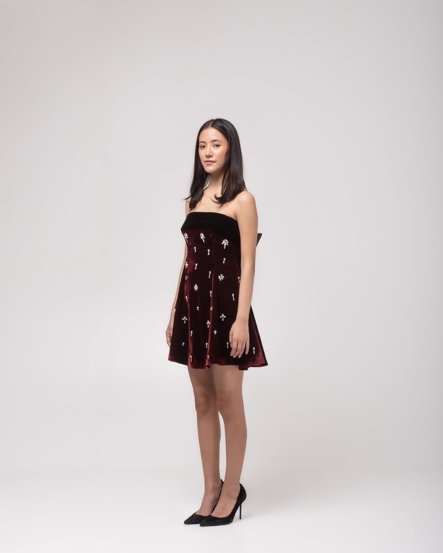 Off-shoulder flared silk-velvet mini dress