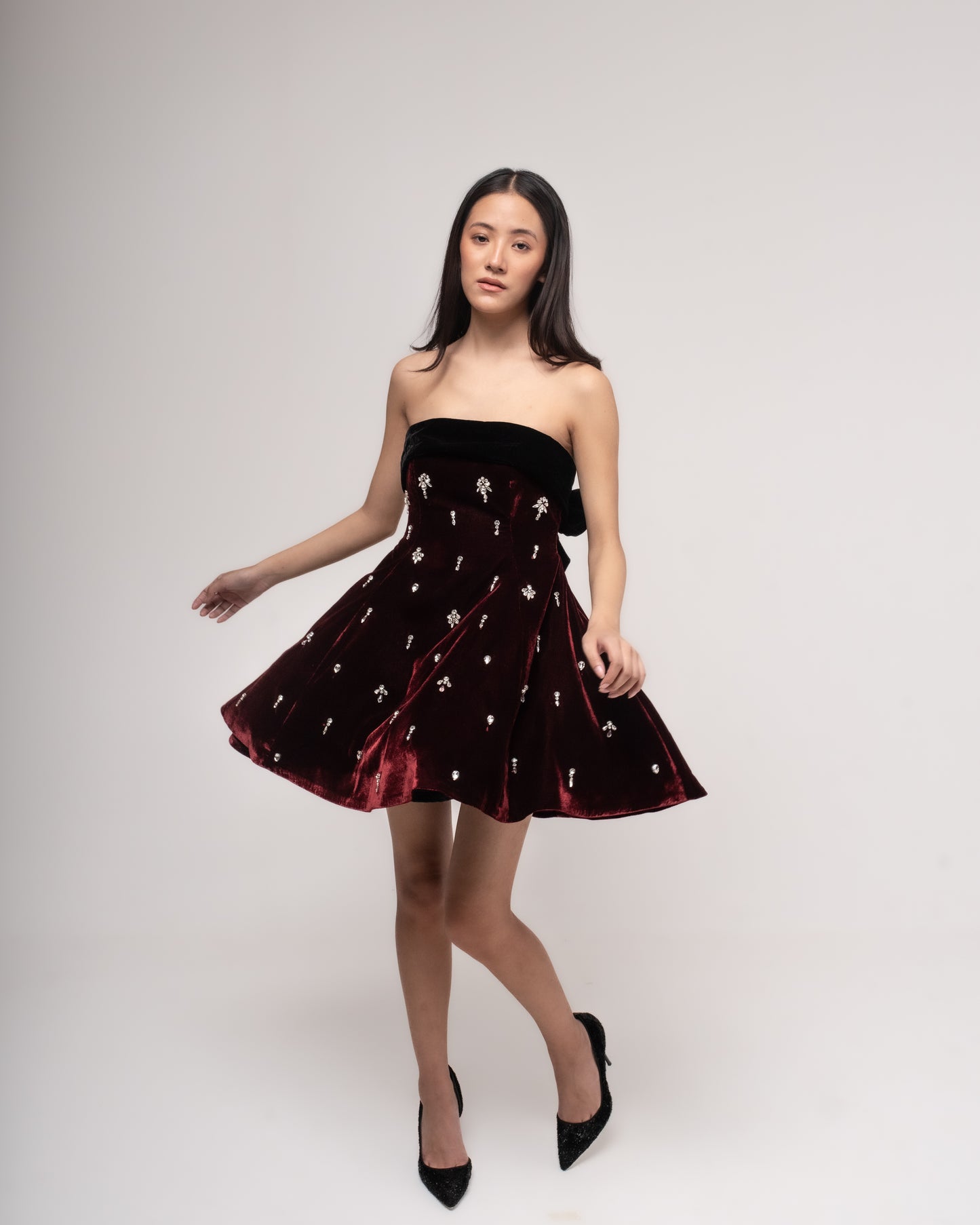 Off-shoulder flared silk-velvet mini dress