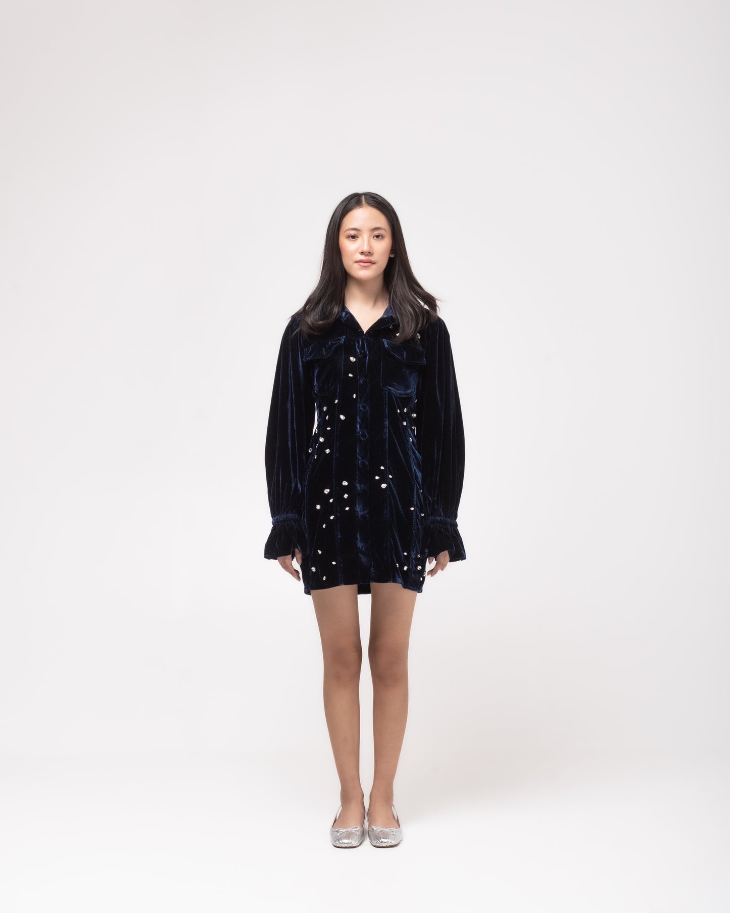 Short silk-velvet topstitch shirt dress