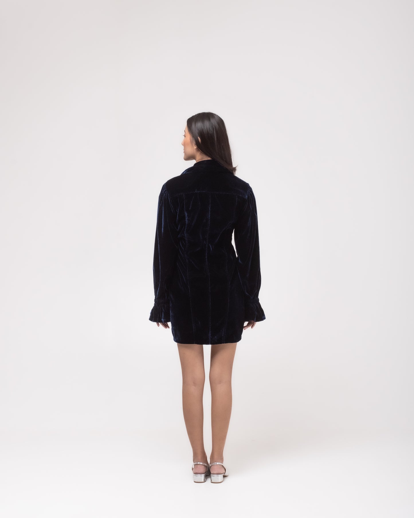 Short silk-velvet topstitch shirt dress