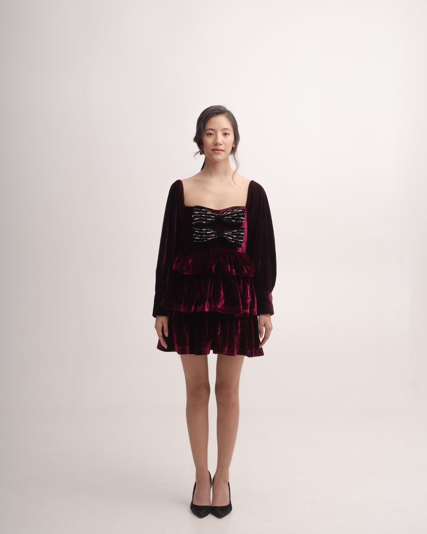 Silk-velvet ruffled mini dress with embellished bows