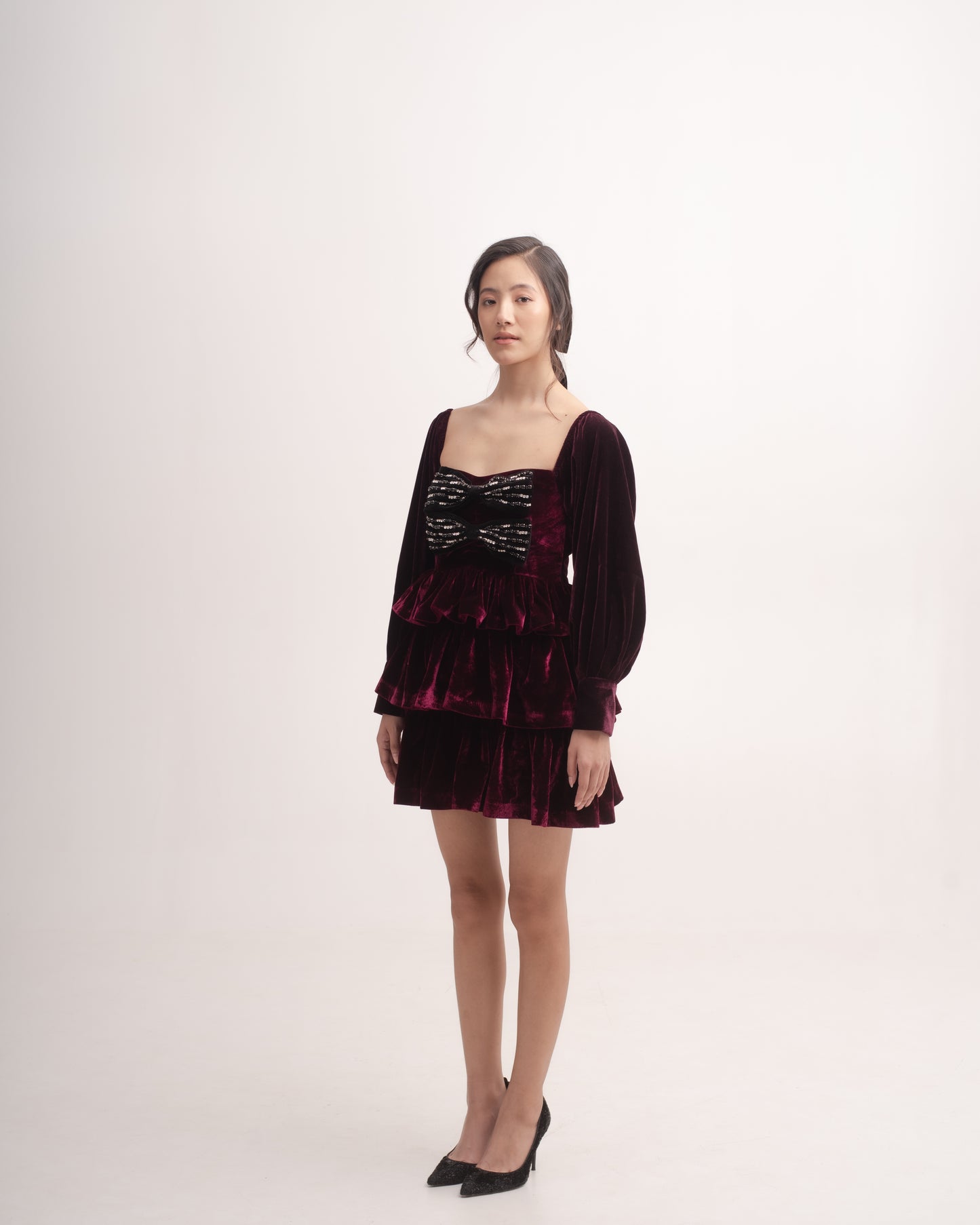 Silk-velvet ruffled mini dress with embellished bows