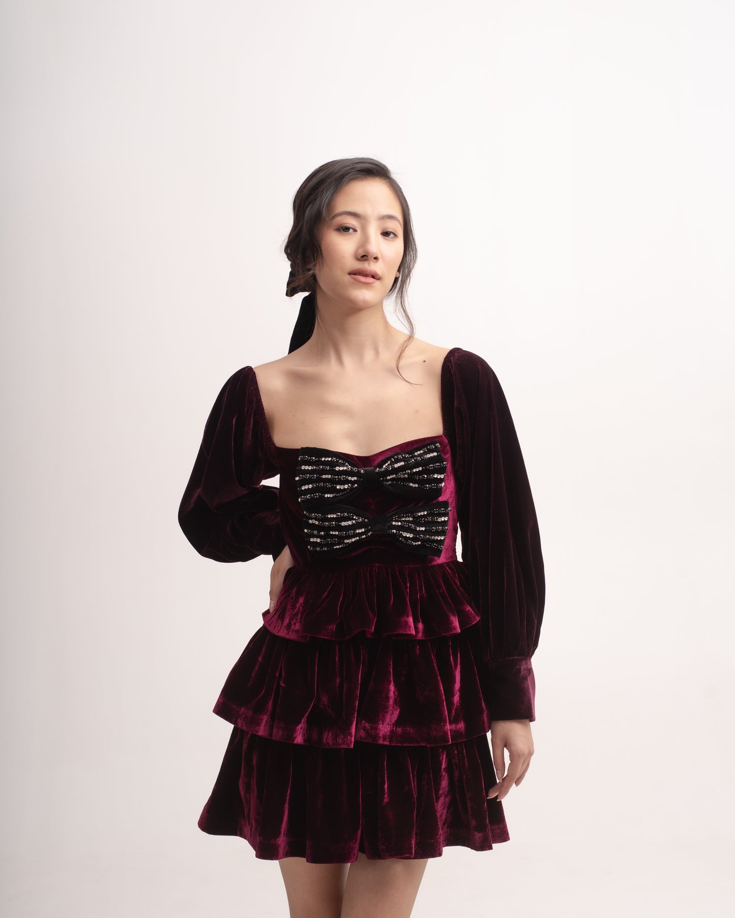 Silk-velvet ruffled mini dress with embellished bows