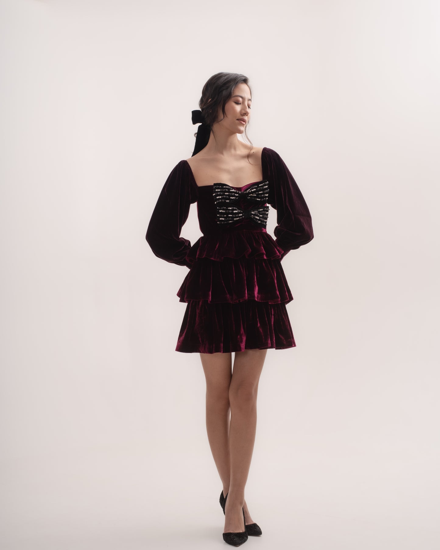 Silk-velvet ruffled mini dress with embellished bows