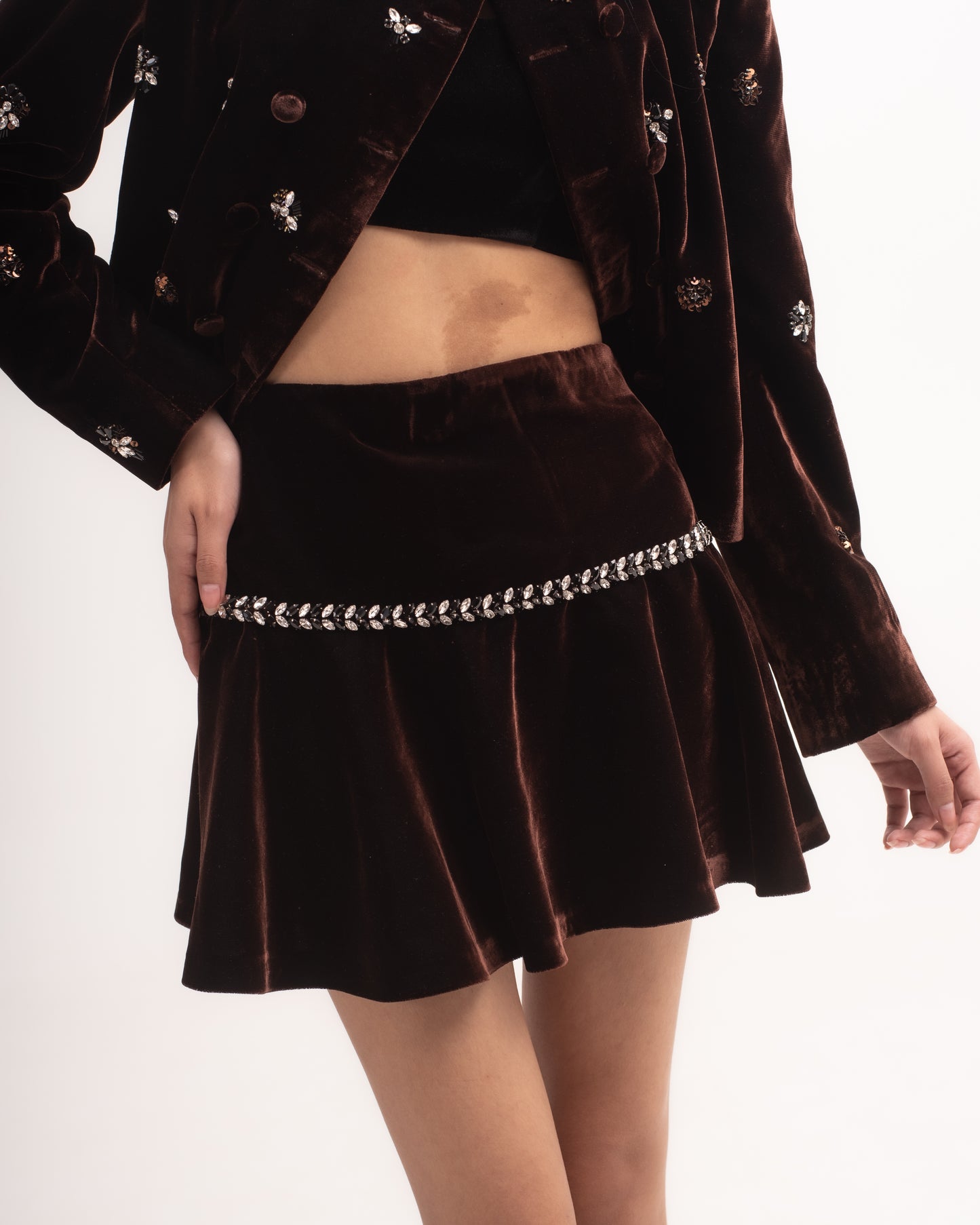 Silk-velvet fit and flare mini skirt with embellishments