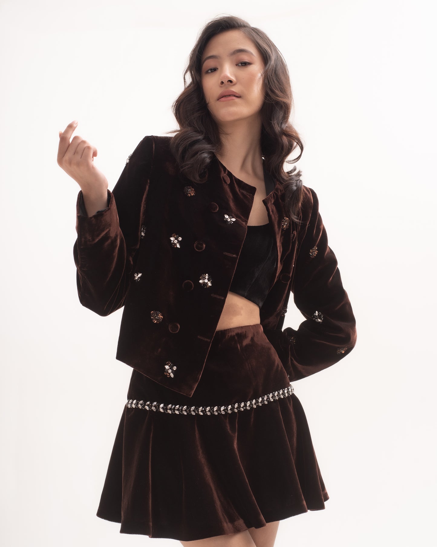 Silk-velvet fit and flare mini skirt with embellishments