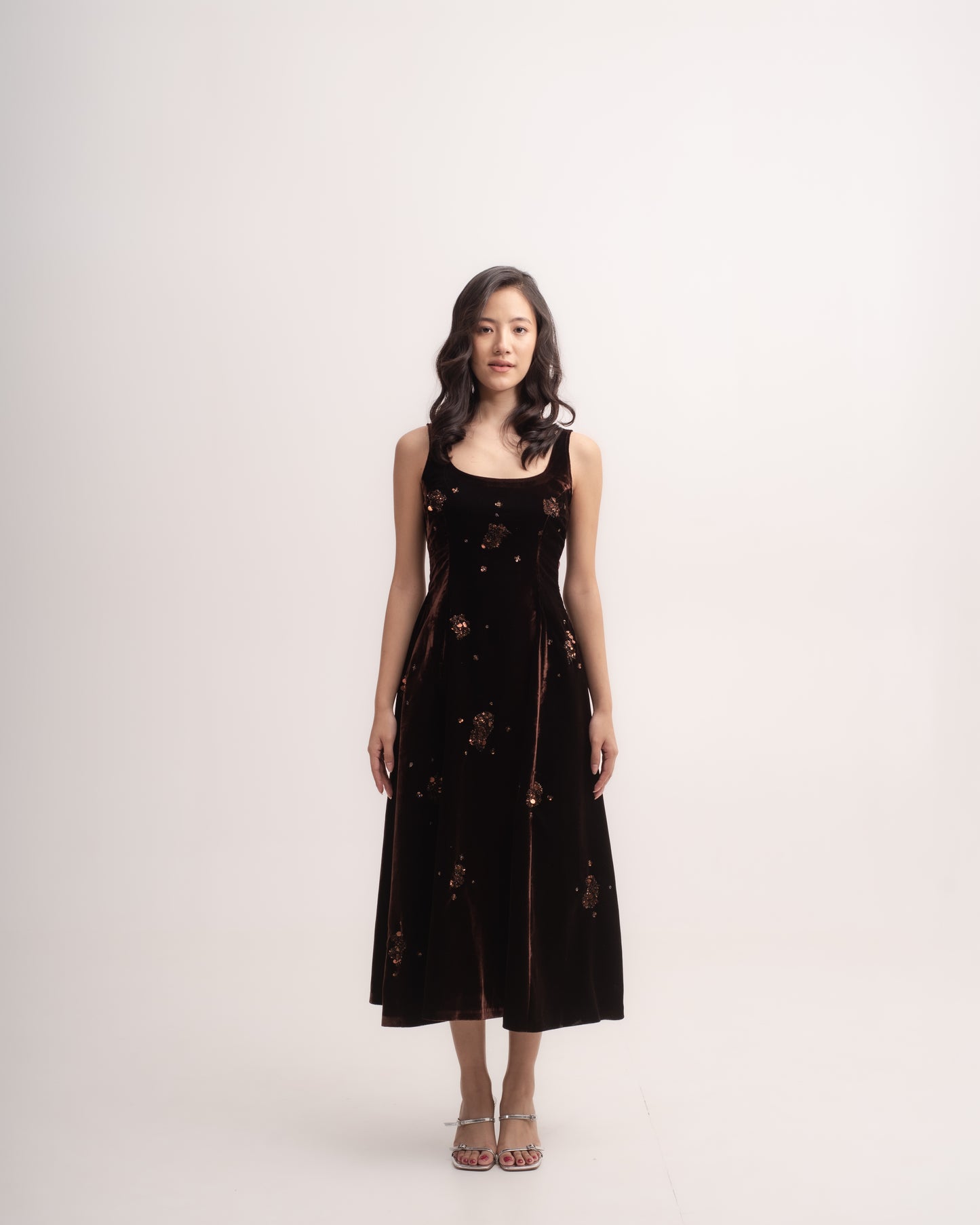 Sleeveless flared silk-velvet sequinned midi dress