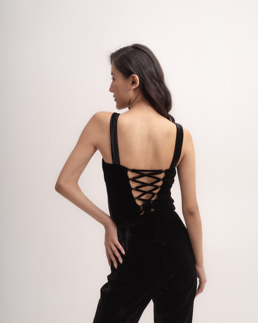 Silk-velvet tie back corset top