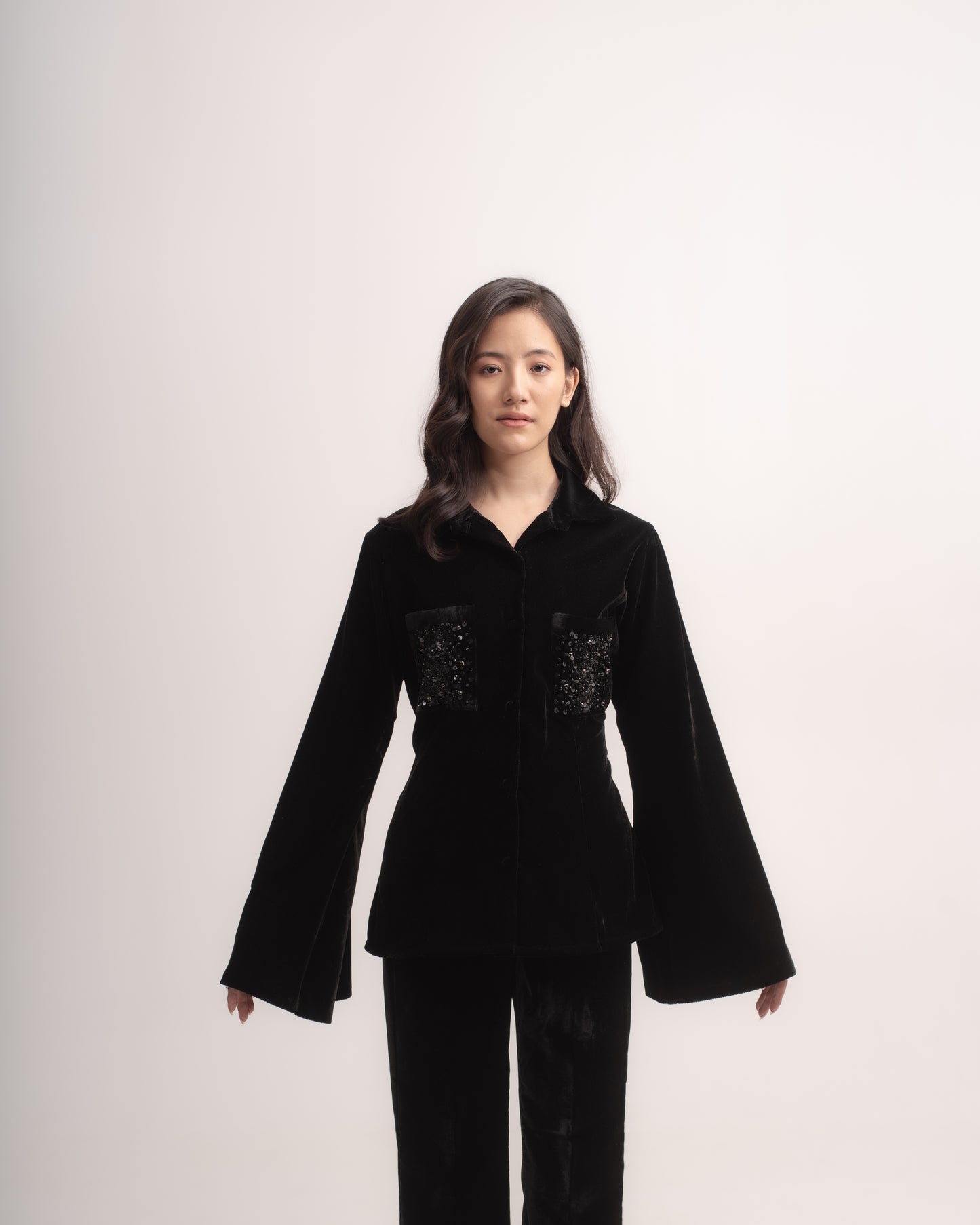 Silk-velvet shirt with sequin pockets