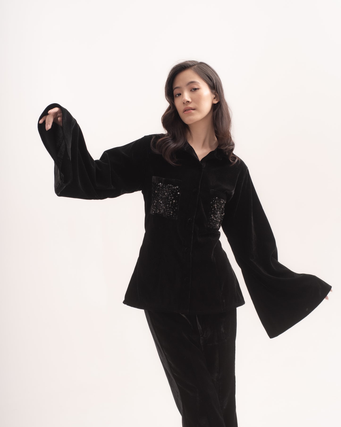 Silk-velvet shirt with sequin pockets