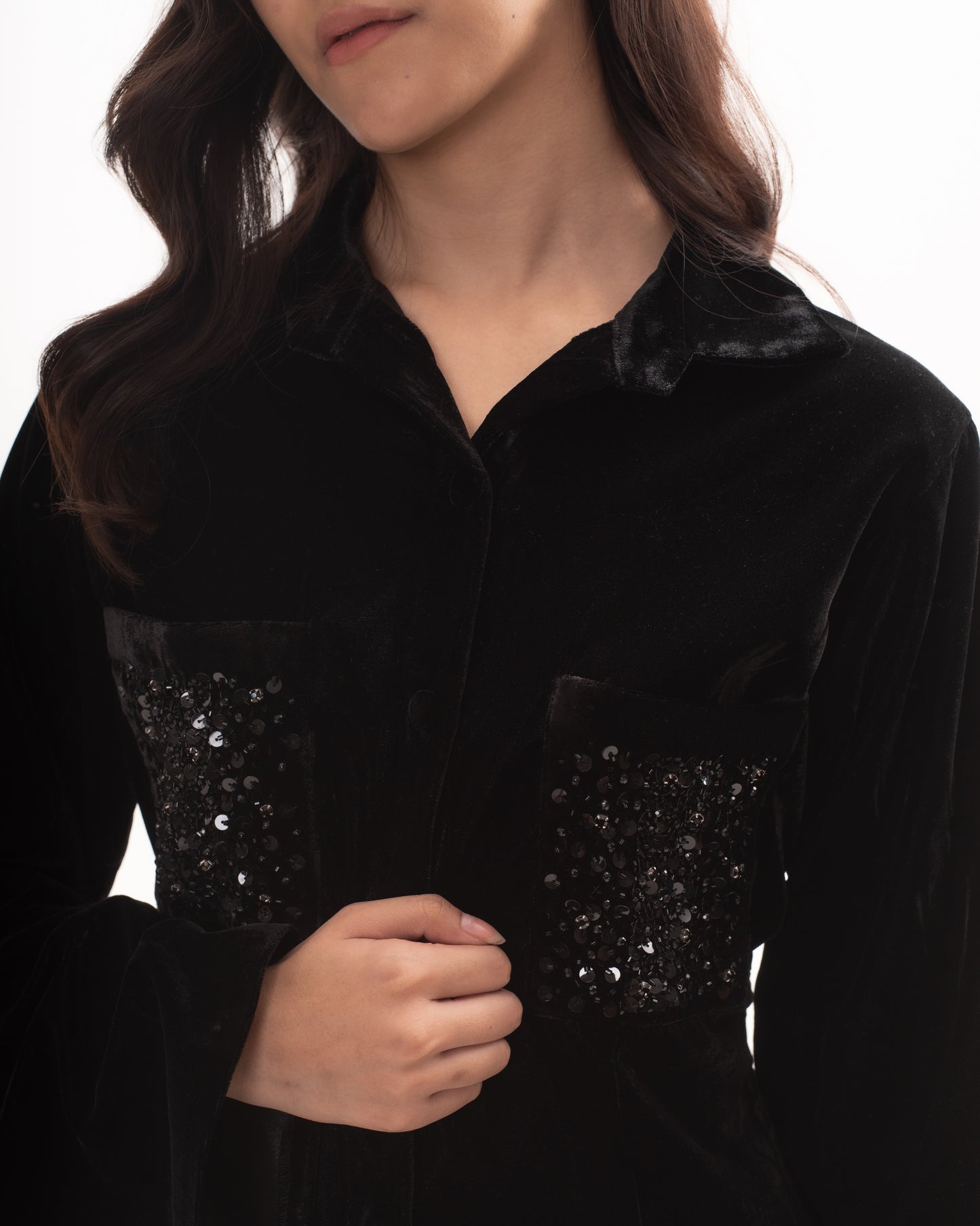 Silk-velvet shirt with sequin pockets