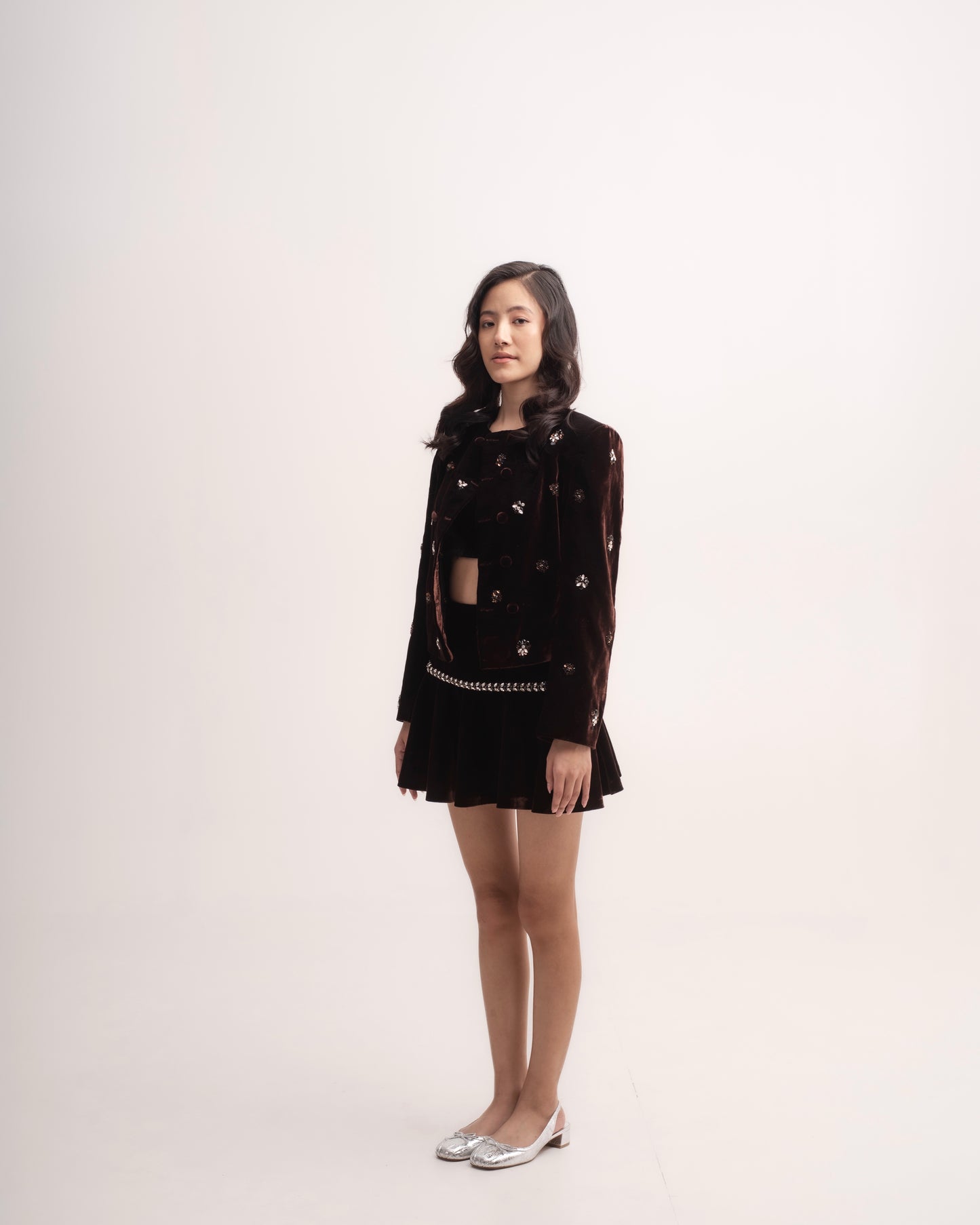 Silk-velvet fit and flare mini skirt with embellishments