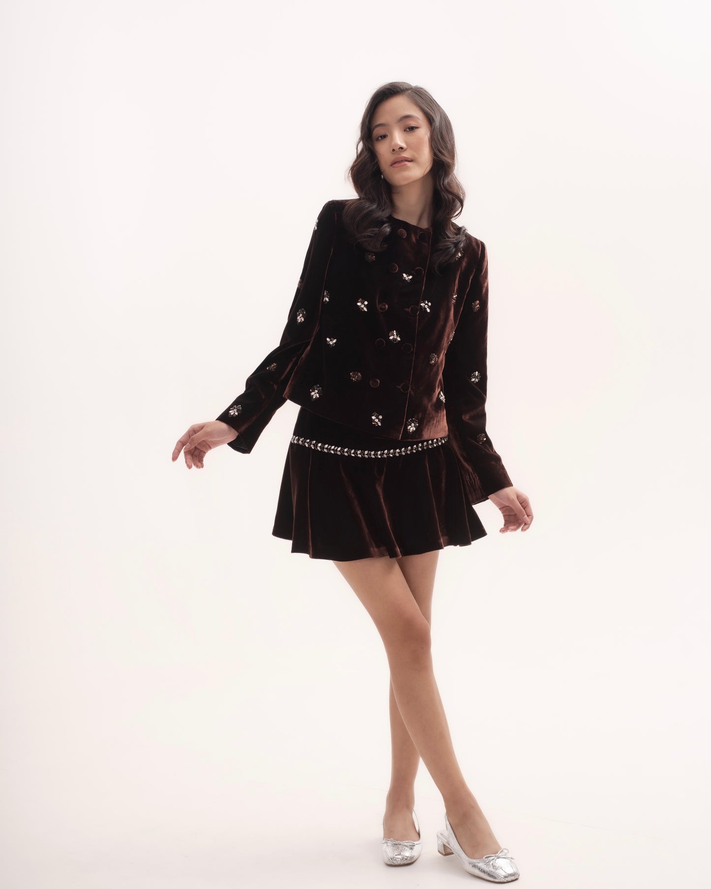 Silk-velvet fit and flare mini skirt with embellishments