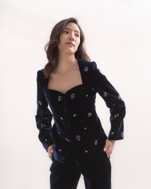 Silk-velvet sweetheart neckline blazer with embellishments