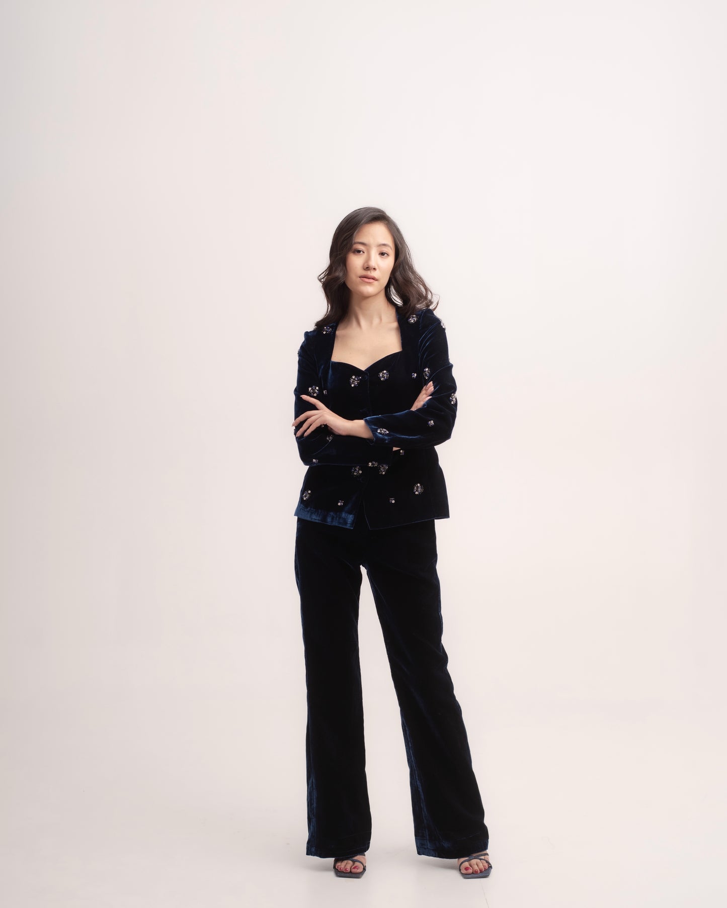 Silk-velvet high-waisted flared trousers