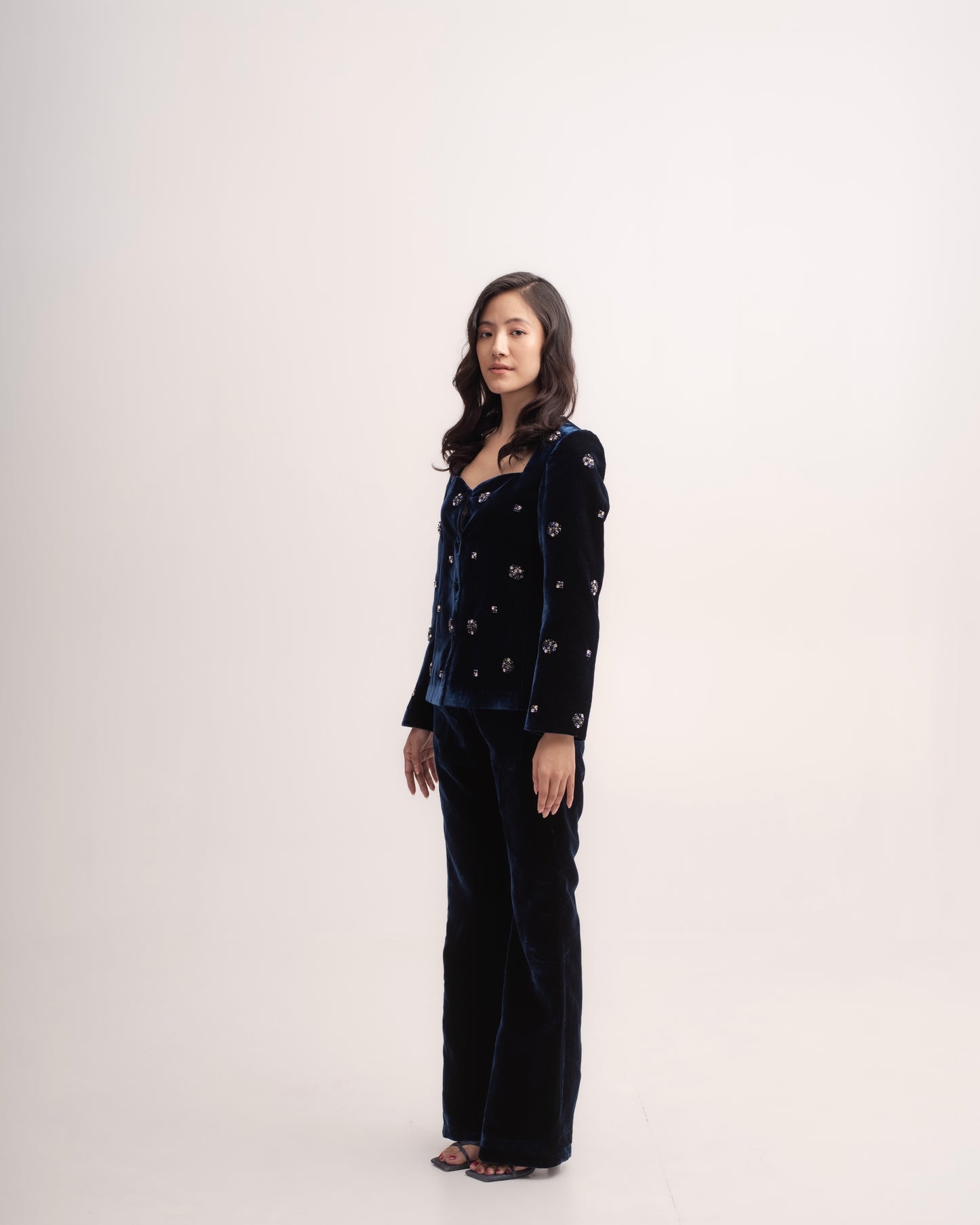 Silk-velvet high-waisted flared trousers