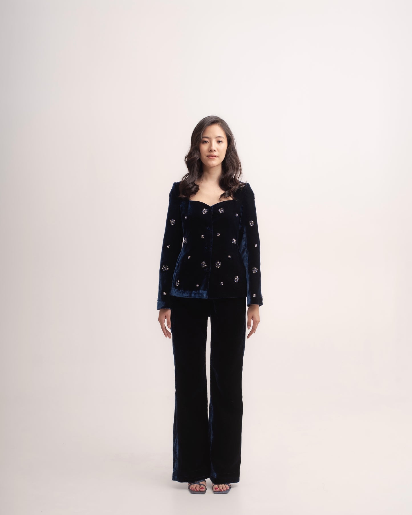 Silk-velvet high-waisted flared trousers