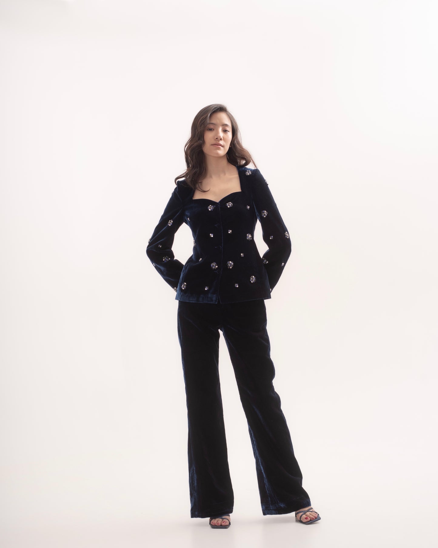 Silk-velvet high-waisted flared trousers