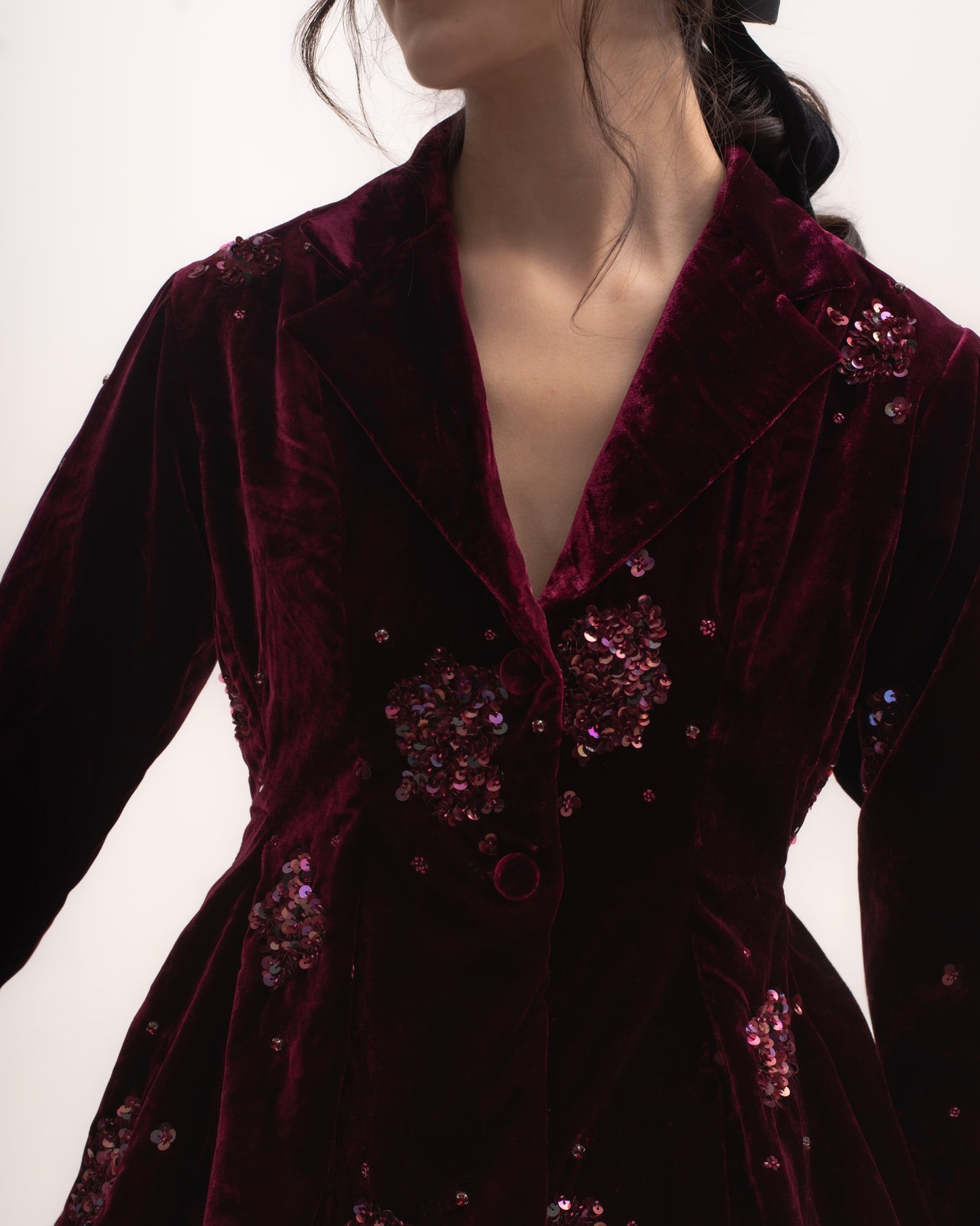 Silk-velvet peplum blazer with sequin embellishing