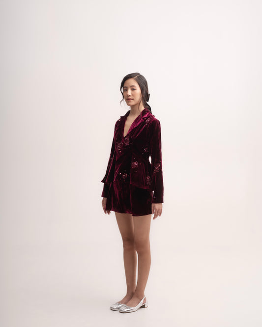 Silk-velvet peplum blazer with sequin embellishing